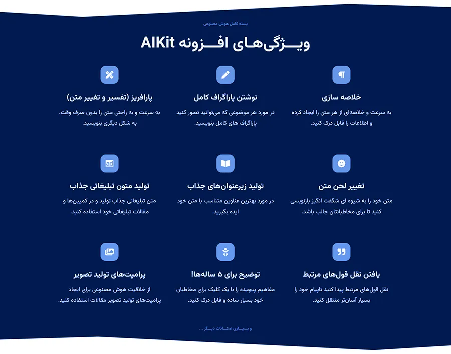 افزونه AIKit | پلاگین هوش مصنوعی وردپرس برای تولید محتوا و چتبات هوشمند افزونه AIKit